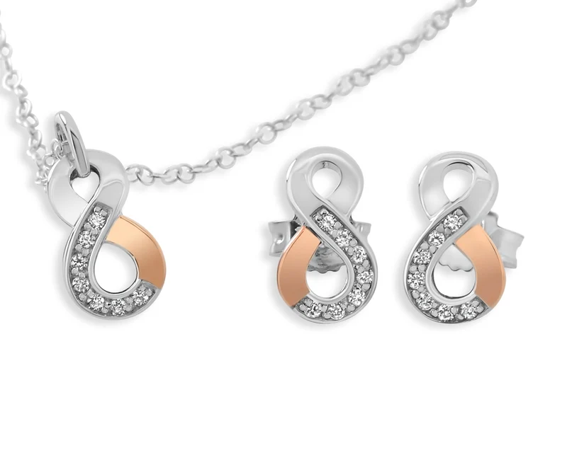 SCHMUCKSET SILBER, KETTE ANHÄNGER UNENDLICHKEIT, INFINITY, OHRSTECKER, BICOLOR