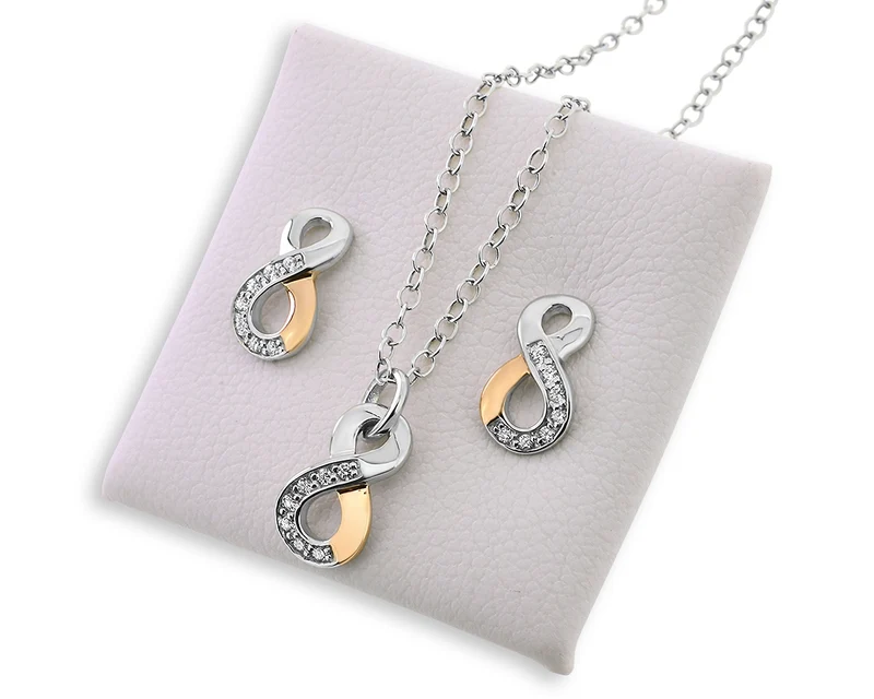 SCHMUCKSET SILBER, KETTE ANHÄNGER UNENDLICHKEIT, INFINITY, OHRSTECKER, BICOLOR