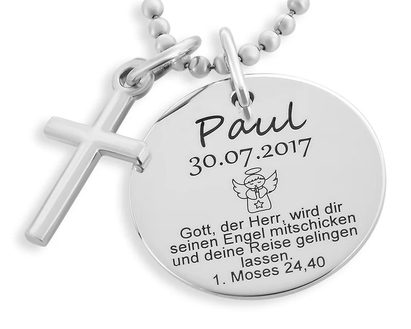 TAUFKETTE 925 SILBER GRAVUR JUNGE NAMENSKETTE TAUFE TEXT PSALM TAUFSCHMUCK KREUZ