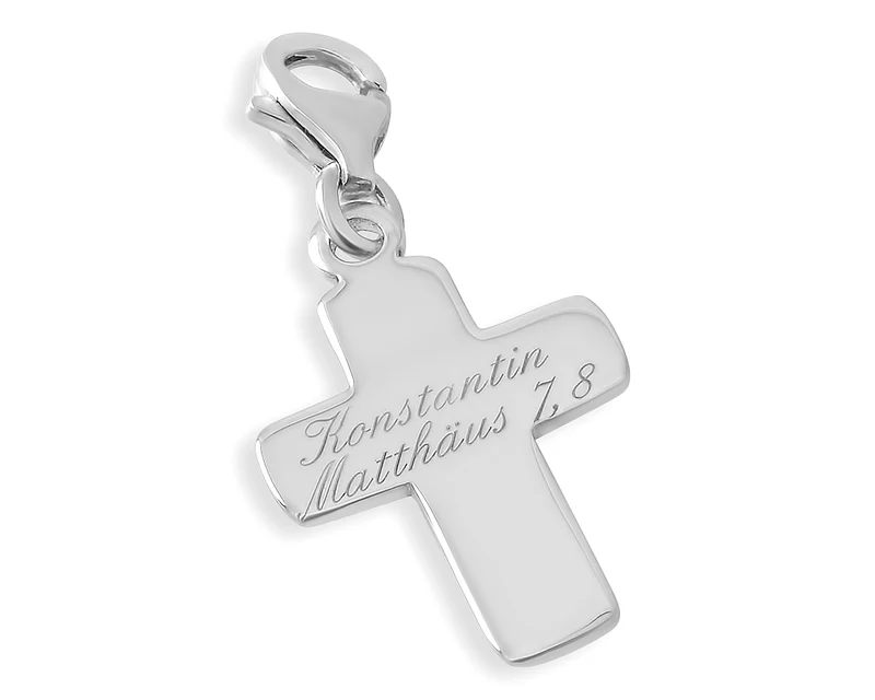 KREUZ 925 SILBER CHARM MIT GRAVUR SILBERKREUZ CHARMS GESCHENK ZUR TAUFE