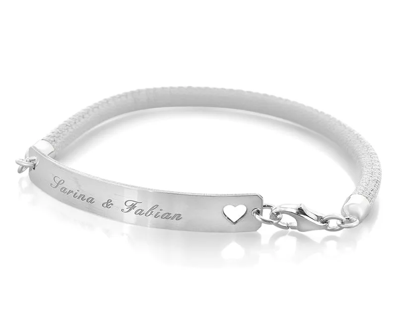 DAMENARMBAND LEDER ARMBAND WEISS GRAVUR SILBERSCHMUCK 925 SILBER ZWEI NAMEN