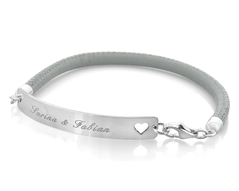 LEDER ARMBAND DAMEN HELLGRAU 925 SILBER SCHMUCK GRAVUR DAMENARMBAND FRAU