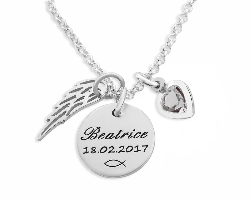 TAUFKETTE MIT GRAVUR NAMENSSCHMUCK BABY FLÜGEL NAMENSKETTE HERZ TAUFE