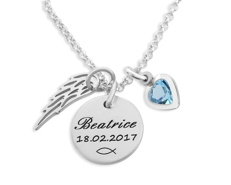 TAUFKETTE MIT GRAVUR NAMENSSCHMUCK BABY FLÜGEL NAMENSKETTE HERZ TAUFE