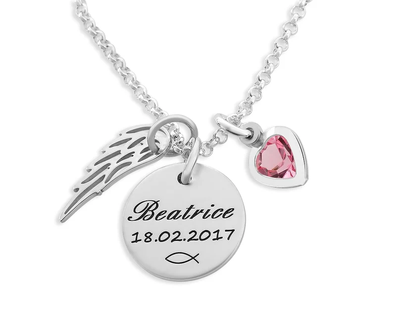 TAUFKETTE MIT GRAVUR NAMENSSCHMUCK BABY FLÜGEL NAMENSKETTE HERZ TAUFE