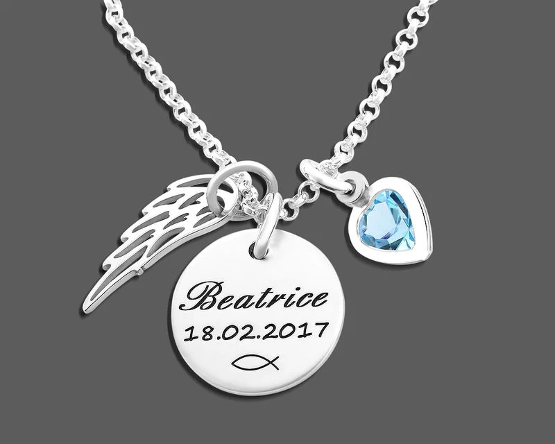 TAUFKETTE MIT GRAVUR NAMENSSCHMUCK BABY FLÜGEL NAMENSKETTE HERZ TAUFE