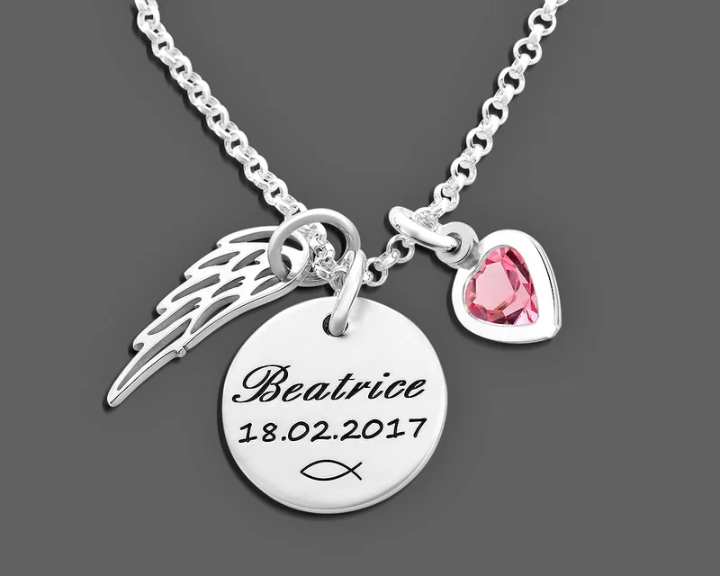 TAUFKETTE MIT GRAVUR NAMENSSCHMUCK BABY FLÜGEL NAMENSKETTE HERZ TAUFE