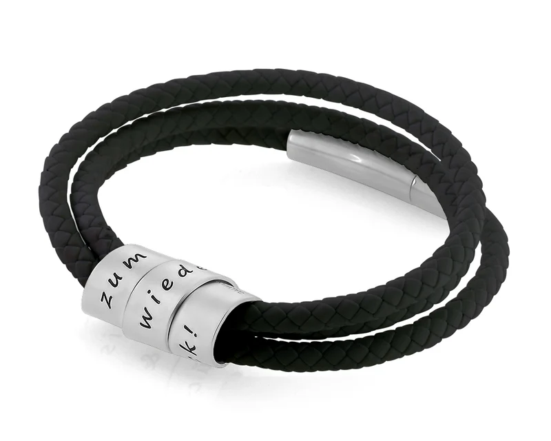 HERRENARMBAND MIT NAMEN KAUTSCHUK MÄNNERARMBAND MIT GRAVUR SCHWARZ SILBER