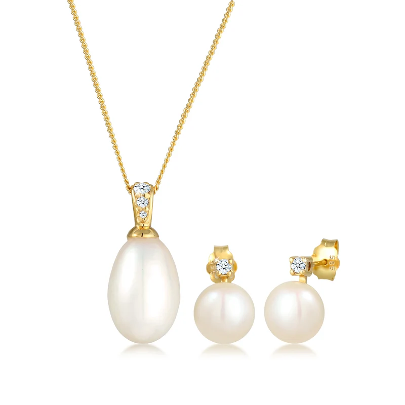 Schmuckset | Süßwasserperle, Diamant ( Weiß, 0,11 ct )