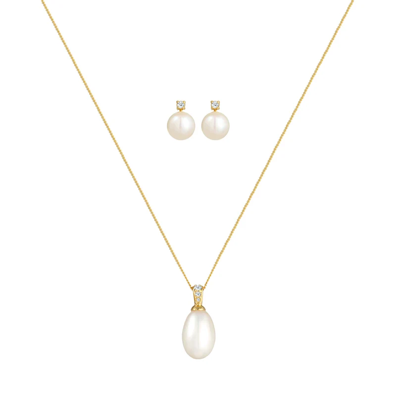 Schmuckset | Süßwasserperle, Diamant ( Weiß, 0,11 ct )