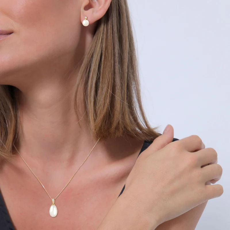 Schmuckset | Süßwasserperle, Diamant ( Weiß, 0,11 ct )