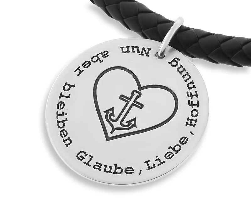 KAUTSCHUKKETTE MIT SILBERANHÄNGER, SCHMUCK MIT GRAVUR, GLAUBE-LIEBE-HOFFNUNG