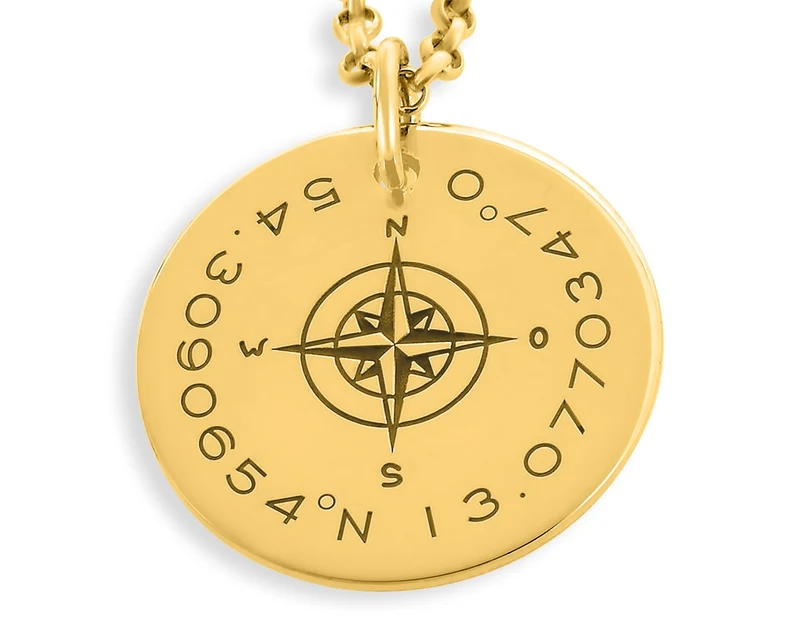 KOORDINATEN KETTE, SCHMUCK MIT GRAVUR, VERGOLDET, KOMPASS