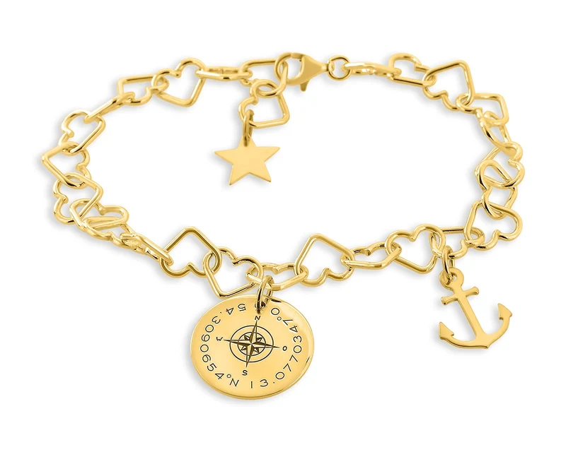 DAMEN ARMBAND KOMPASS KOORDIANATEN SCHMUCK ANKER HERZARMBAND GOLD GRAVUR