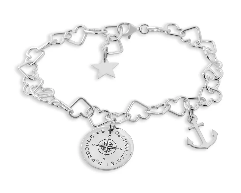 SILBERARMBAND KOMPASSARMBAND DAMEN KOORDINATEN, HERZARMBAND 925 SILBER GRAVUR