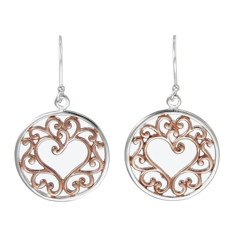 Grace Silver Ornate Open Heart Drop Earrings with Rose Gold