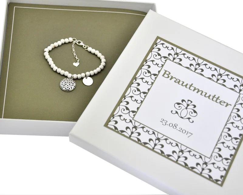BLUME DES LEBENS, KUGELARMBAND MIT GRAVUR, HERZ, GESCHENK