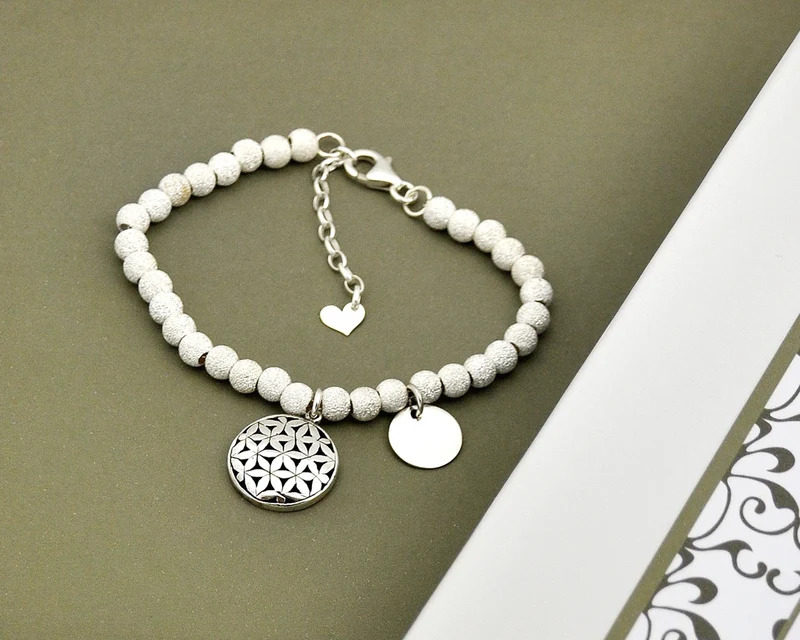 BLUME DES LEBENS, KUGELARMBAND MIT GRAVUR, HERZ, GESCHENK