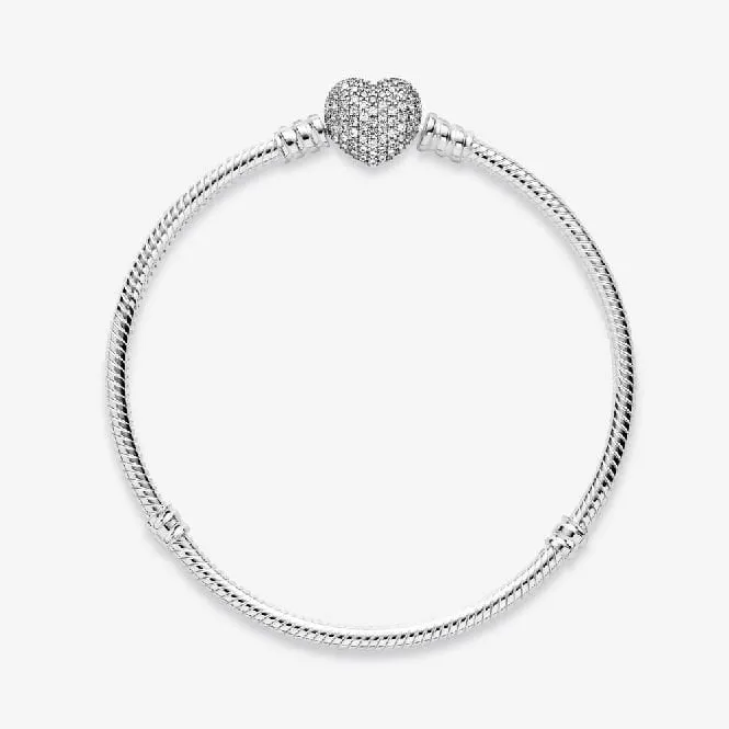 Moments Sparkling Heart Pave Clasp Snake Chain Bracelet, 19cm