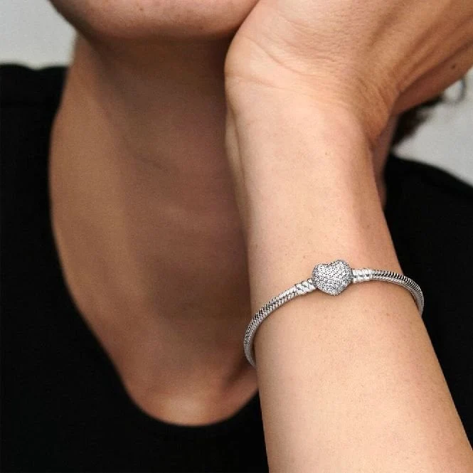 Moments Sparkling Heart Pave Clasp Snake Chain Bracelet, 19cm