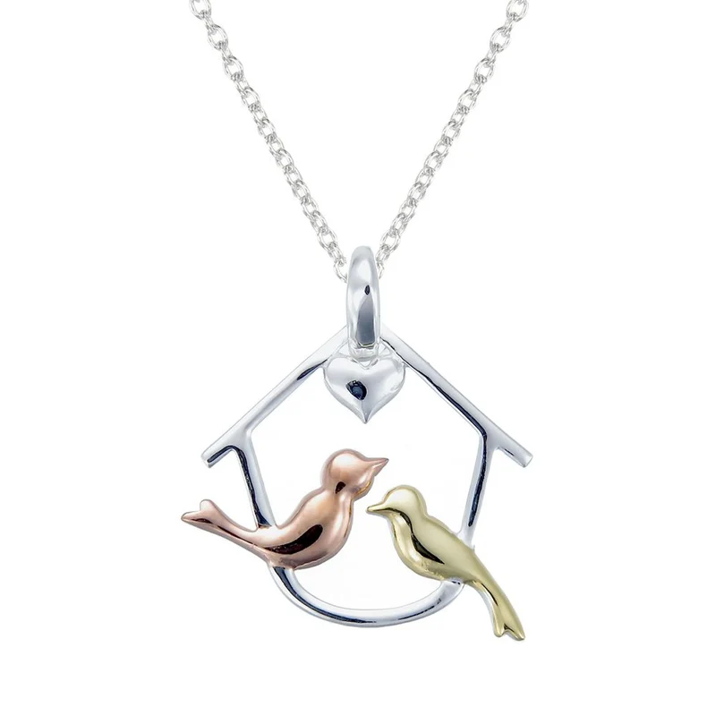 Grace Silver Love Bird Birdhouse Pendant Necklace with Rose & Gold