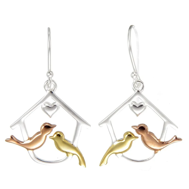 Grace Silver, Rose Gold & Gold Love Bird Birdhouse Drop Earrings