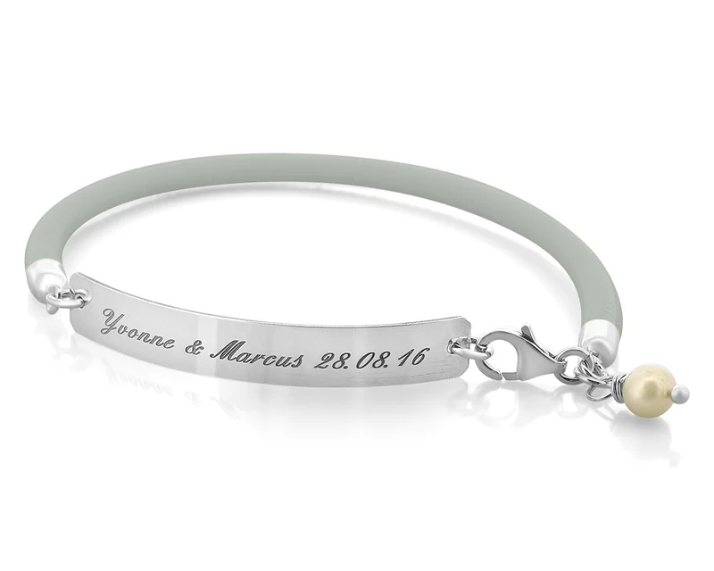 DAMEN ARMBAND HELLGRAU LEDER SILBERSCHMUCK GRAVUR PERSONALISIERTER SCHMUCK