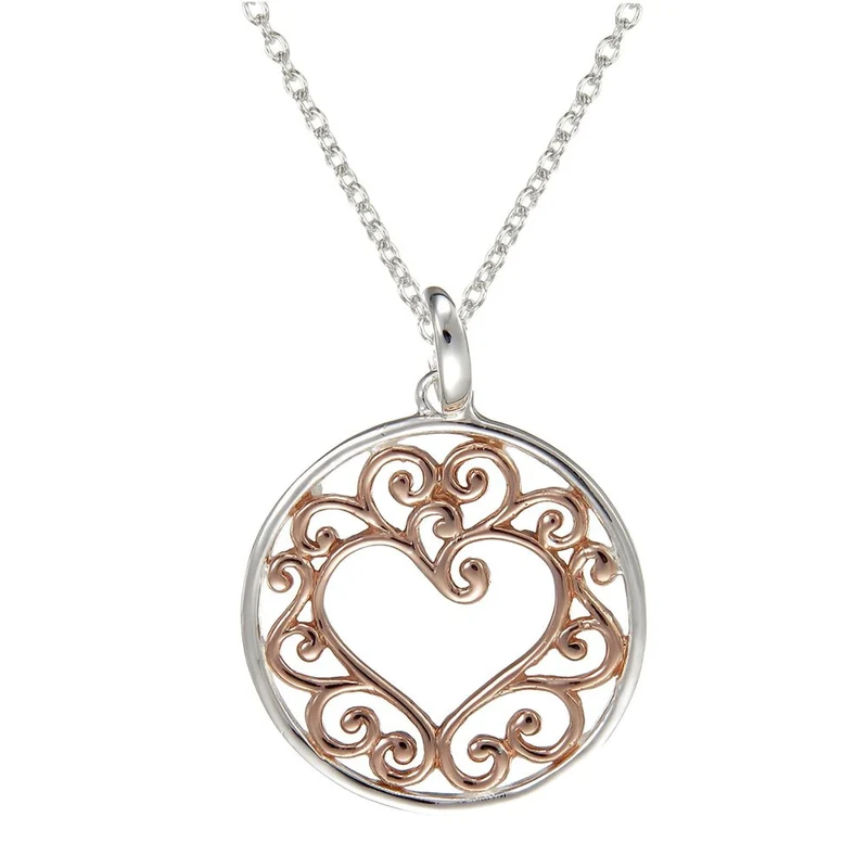Grace Silver Ornate Open Heart Pendant Necklace with Rose Gold