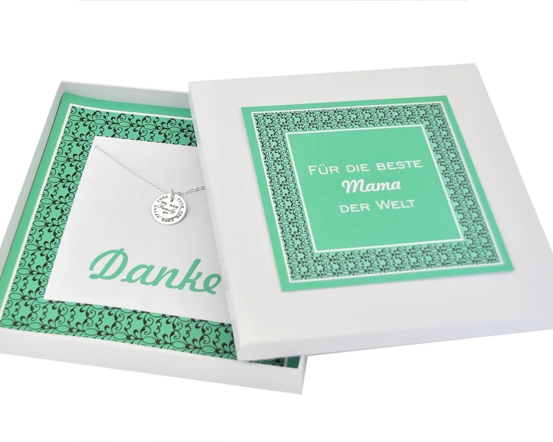 FAMILIENKETTE, SILBERSCHMUCK MIT GRAVUR, PERSONALISIERTE GESCHENKSCHACHTEL,