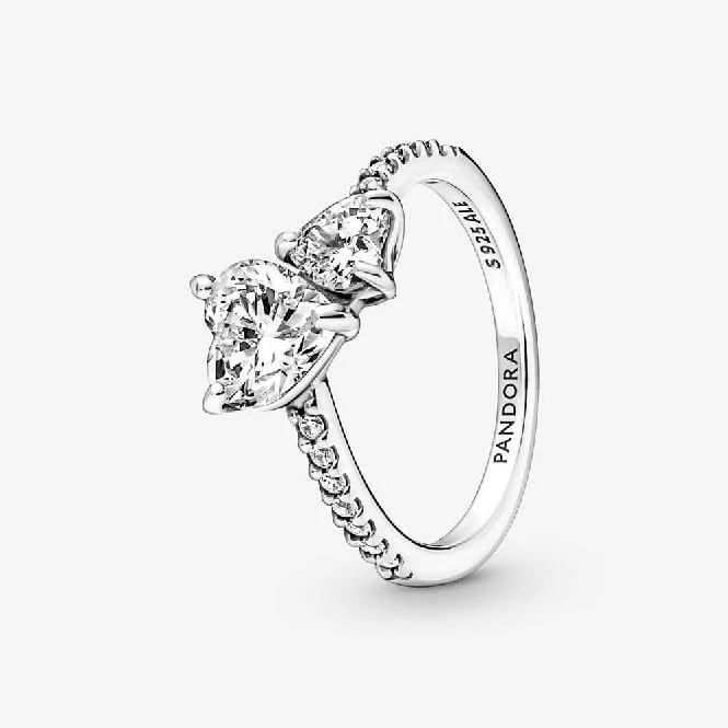 Double Heart Sparkling Ring, Size 50