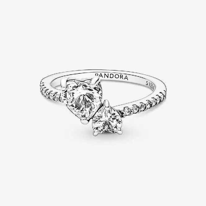 Double Heart Sparkling Ring, Size 60