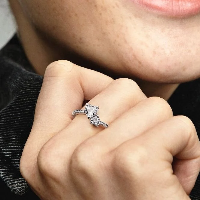 Double Heart Sparkling Ring, Size 60