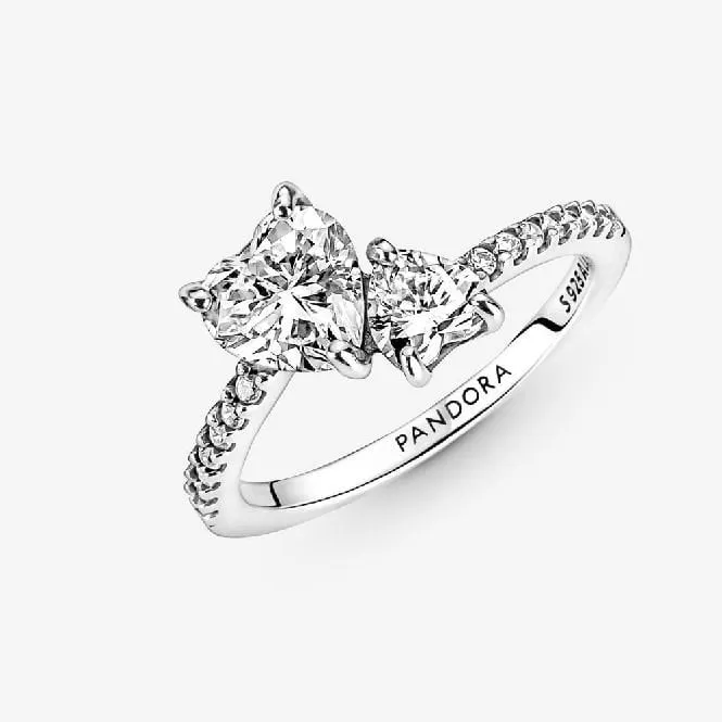 Double Heart Sparkling Ring, Size 60