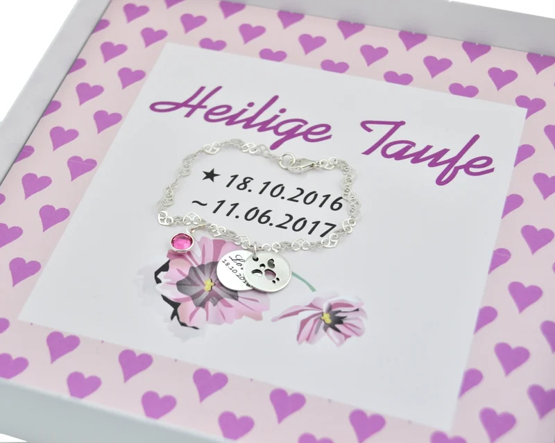 TAUFARMBAND SILBER, SCHACHTEL MIT NAMEN, GESCHENK PATENKIND