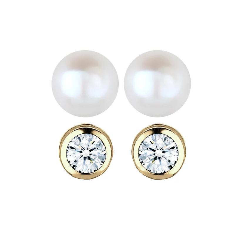 Ohrringset | Süßwasserperle, Diamant ( Weiß, 0,06 ct )