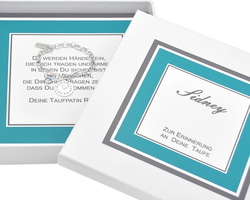 TAUFARMBAND SILBER, ARMBAND MIT GRAVUR, GESCHENK SCHACHTEL, TAUFGESCHENK PATENKIND