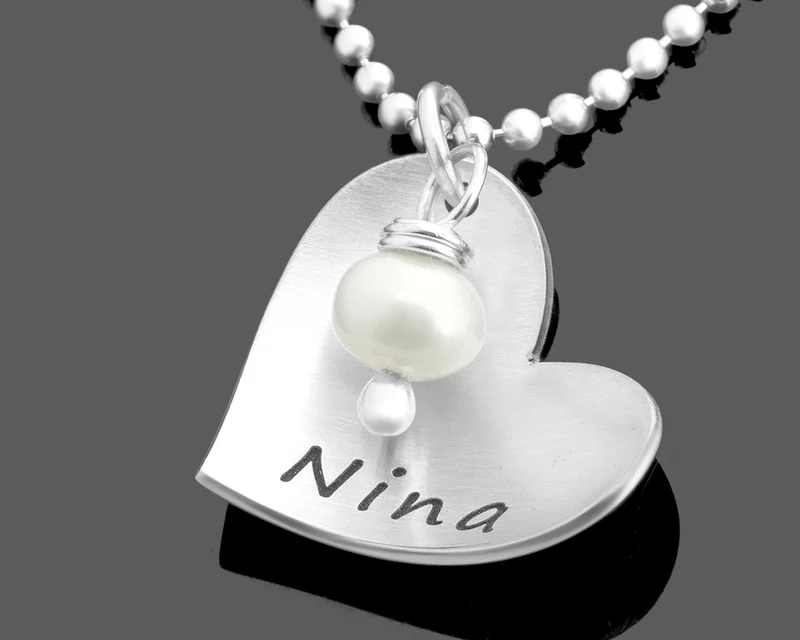 TAUFKETTE MIT GRAVUR, HERZ ANHÄNGER, PERLE, GESCHENKSCHACHTEL