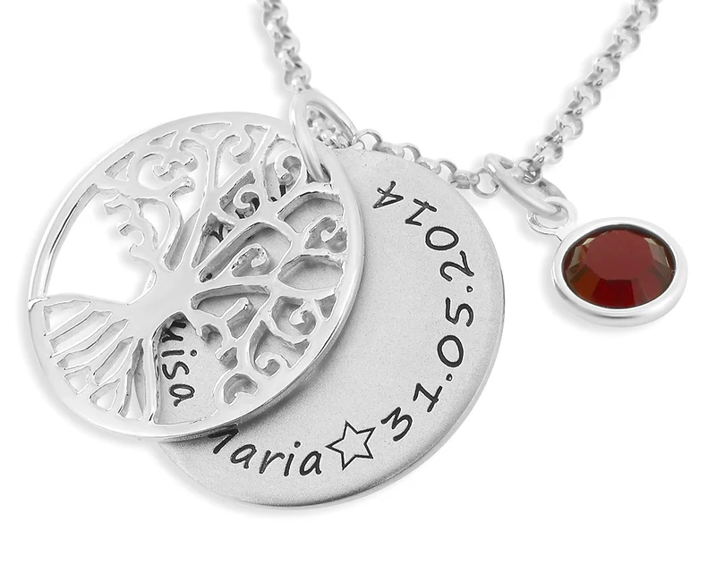 TAUFSCHMUCK MIT LEBENSBAUM, NAMENSKETTE MIT GRAVUR, GEBURTSSTEIN, 925 SILBER