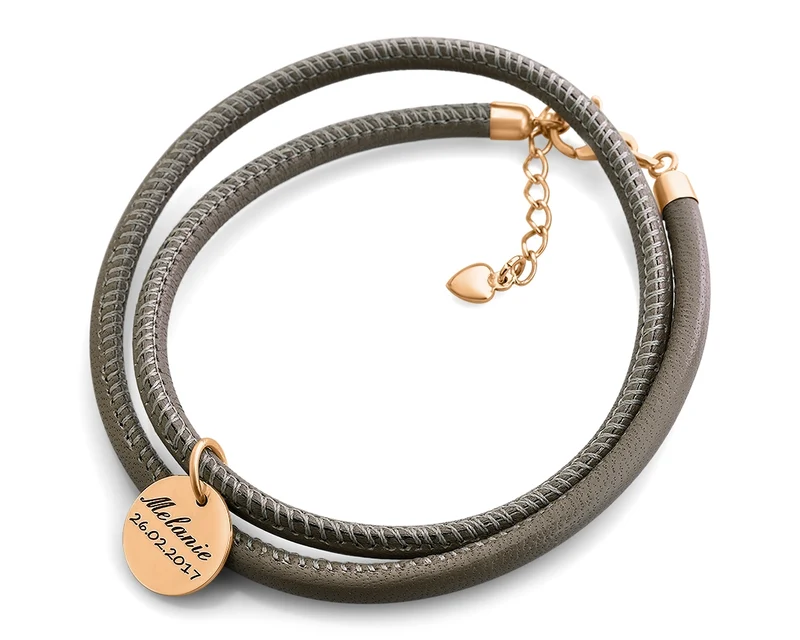 ARMBAND LEDER MIT GRAVUR, SCHMUCK, ANHÄNGER ROSÉ VERGOLDET, LEDERARMBAND