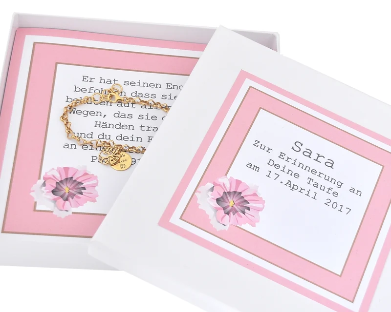 TAUFARMBAND VERGOLDET MIT GRAVUR, GESCHENK SCHACHTEL, KOMMUNION, SCHMUCK SCHACHTEL