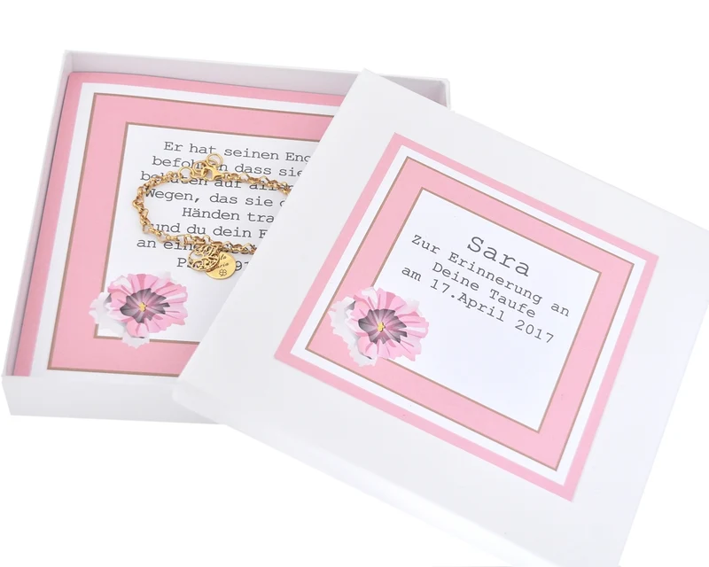 TAUFARMBAND VERGOLDET MIT GRAVUR, GESCHENK SCHACHTEL, KOMMUNION, SCHMUCK SCHACHTEL