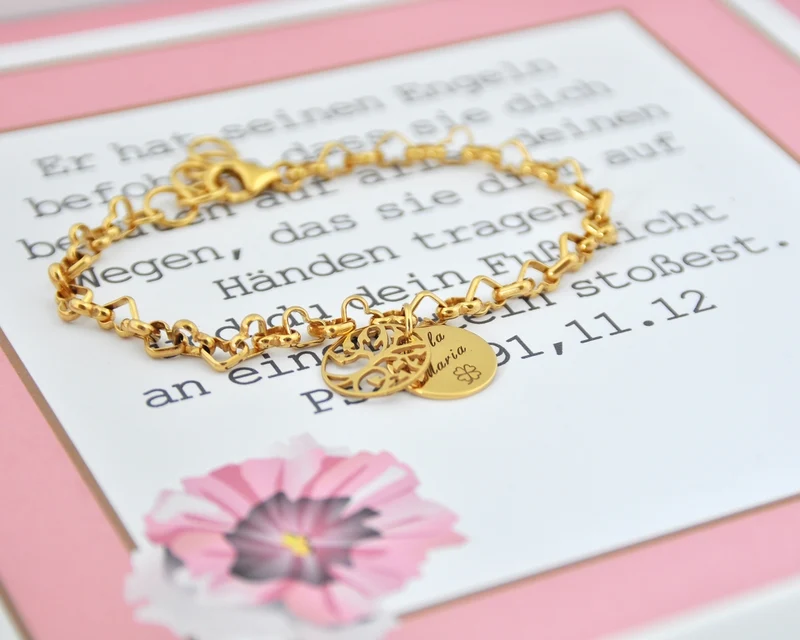 TAUFARMBAND VERGOLDET MIT GRAVUR, GESCHENK SCHACHTEL, KOMMUNION, SCHMUCK SCHACHTEL