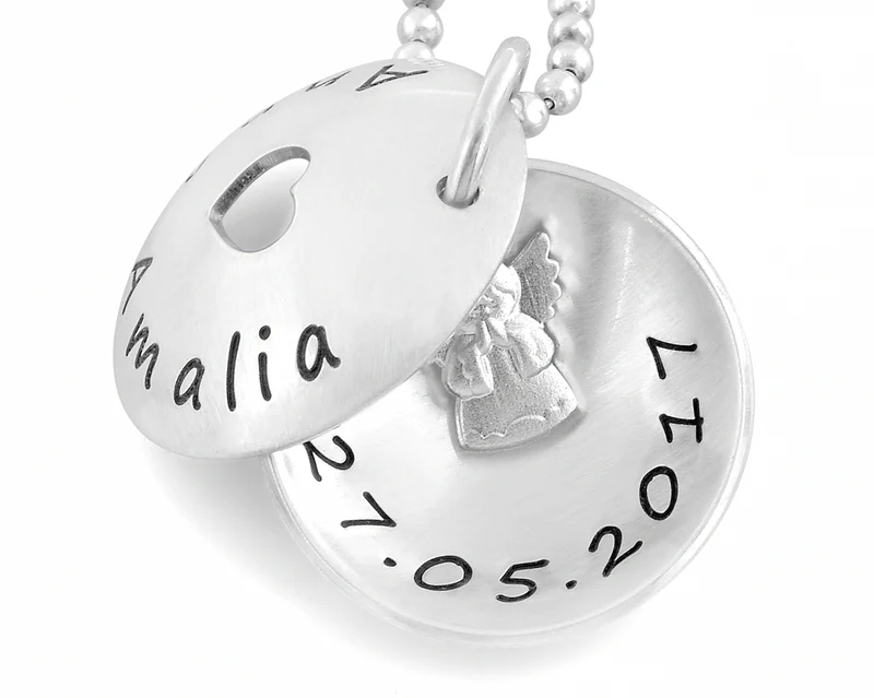 TAUFKETTE GRAVUR, TAUFMEDAILLON SILBER MIT ENGEL, TAUFSCHMUCK MEDAILLON