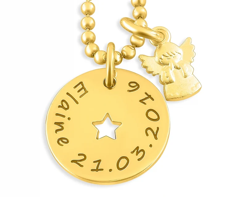 TAUFKETTE GRAVUR, TAUFSCHMUCK GOLD, NAMENSKETTE GEBURT, ENGEL