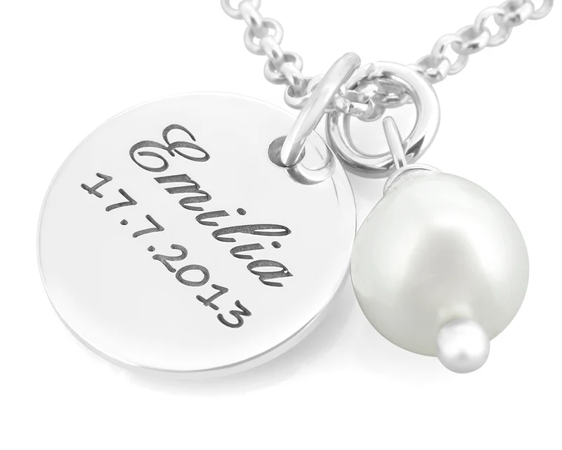 SILBERKETTE ZUR TAUFE, SCHMUCK MIT GRAVUR, ANHÄNGER PERLE, GESCHENK KOMMUNION