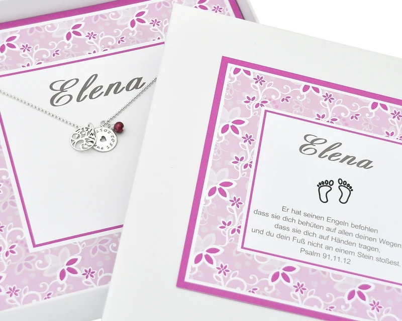PERSONALISIERTE GESCHENKSCHACHTEL MIT NAMENSKETTE, TAUFKETTE LEBENSBAUM