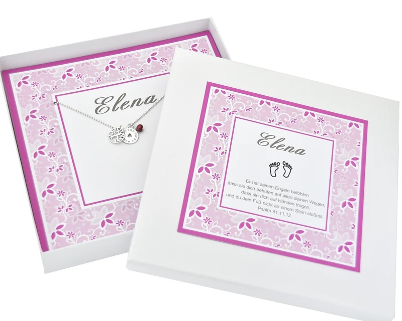 PERSONALISIERTE GESCHENKSCHACHTEL MIT NAMENSKETTE, TAUFKETTE LEBENSBAUM