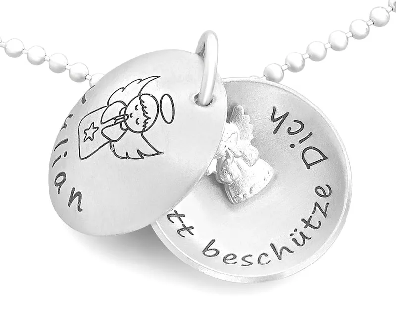 SILBERKETTE ZUR TAUFE, SCHMUCK MIT GRAVUR, MEDAILLON MIT SCHUTZENGEL ANHÄNGER