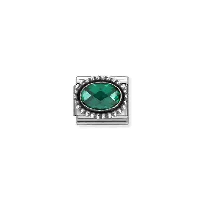 Classic Oxidised Silver and CZ Facetted Rich Emerald Green Beaded Oval Sparkly & Stones Charms