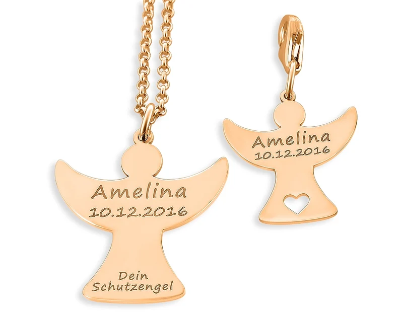 ROSÉ VERGOLDET SCHMUCK SET MIT ENGEL, SCHUTZENGEL GRAVUR, GECHENKE MIT NAMEN